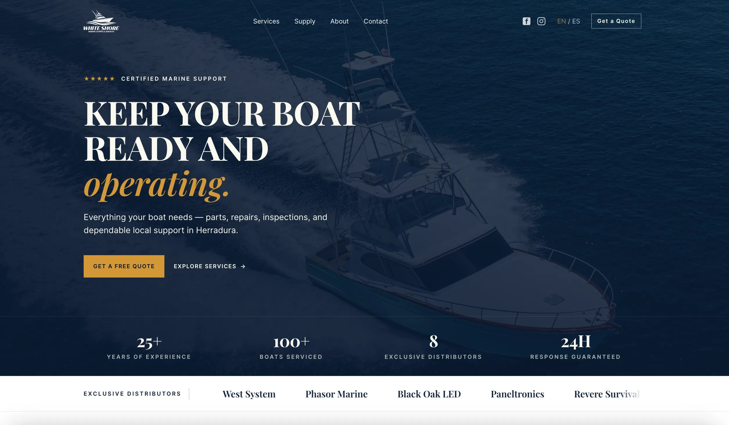 Captura de pantalla del sitio web de White Shore Marine